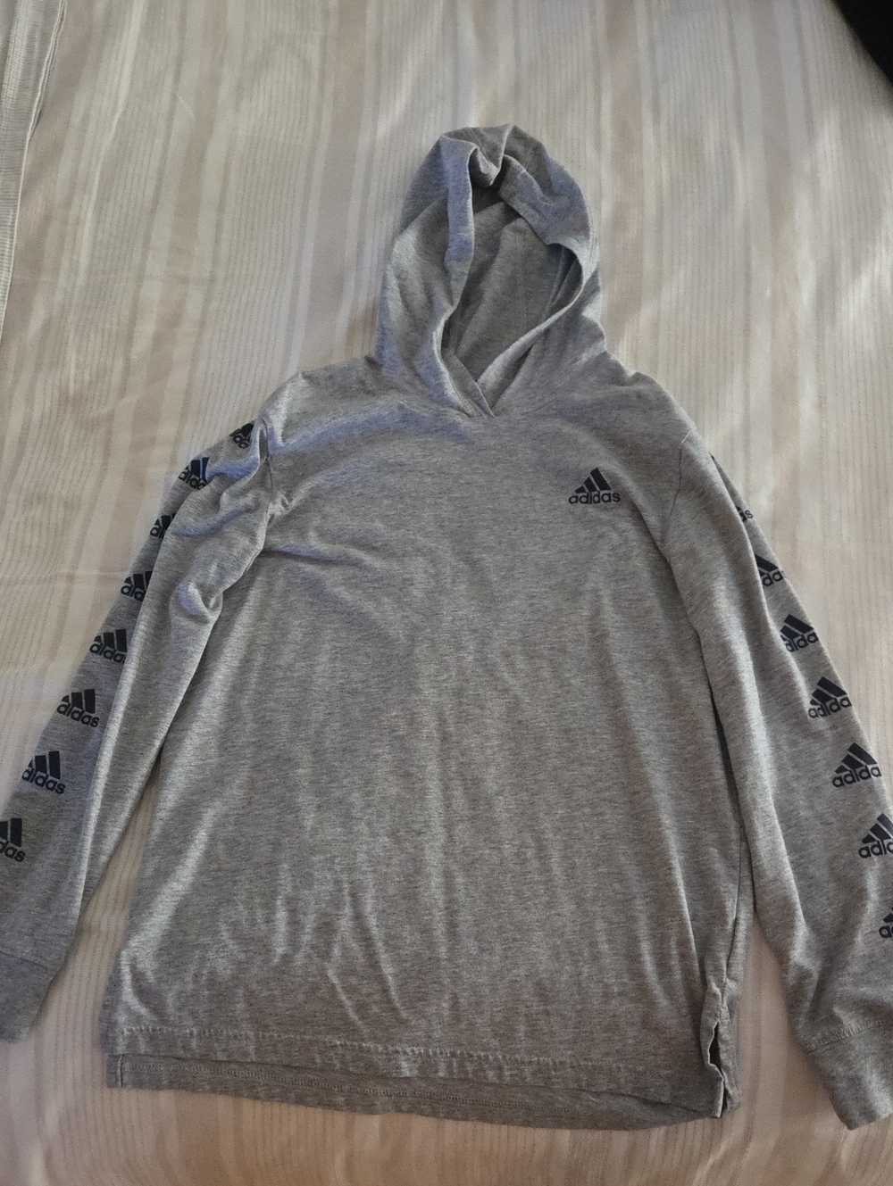 adidas Grey Hooded Long Sleeve Tee with Logo Tape